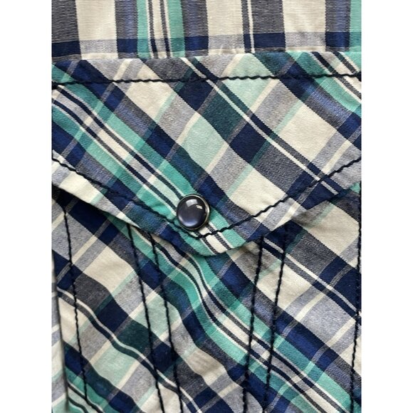 7 Diamonds Shirt Mens XXL Pearl Snap Short Sleeve Plaid Western Retro Green/Blue - Picture 14 of 15